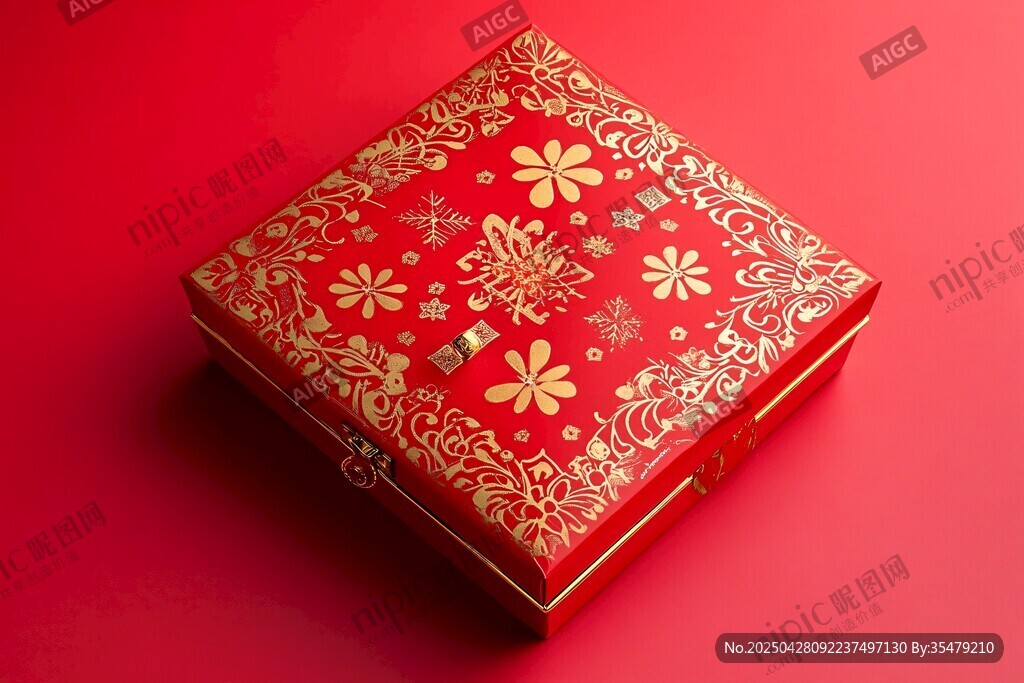 喜庆红金花纹礼品盒