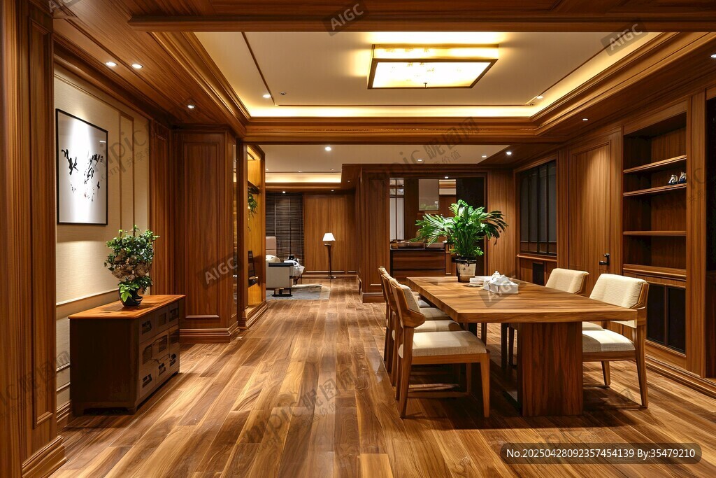 中式典雅木质客厅餐厅空间