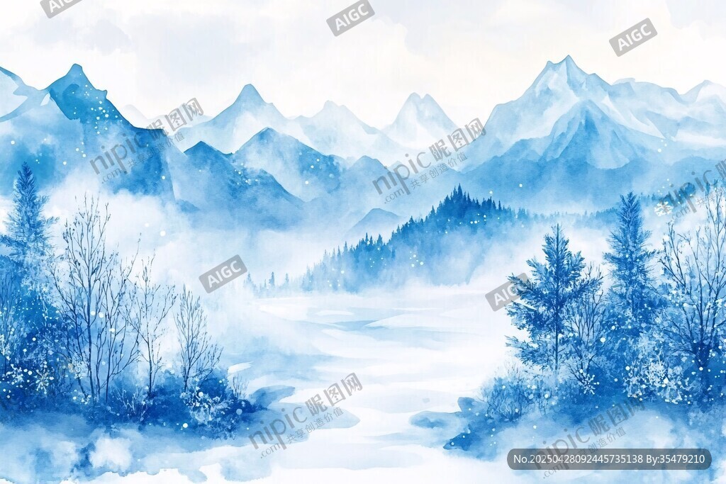 水墨蓝调山川雪景图
