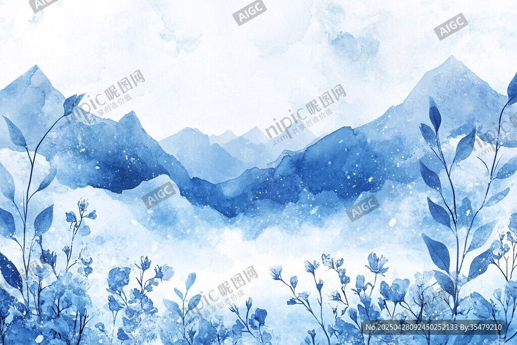蓝调山水花草水彩画意境