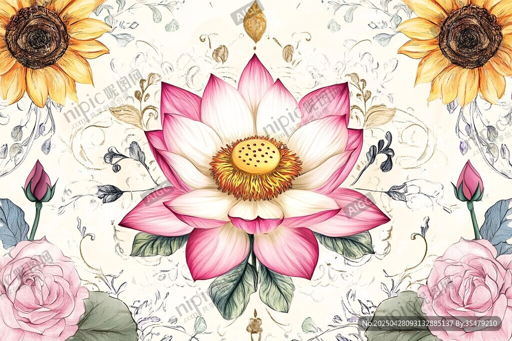 莲花玫瑰向日葵花卉图案
