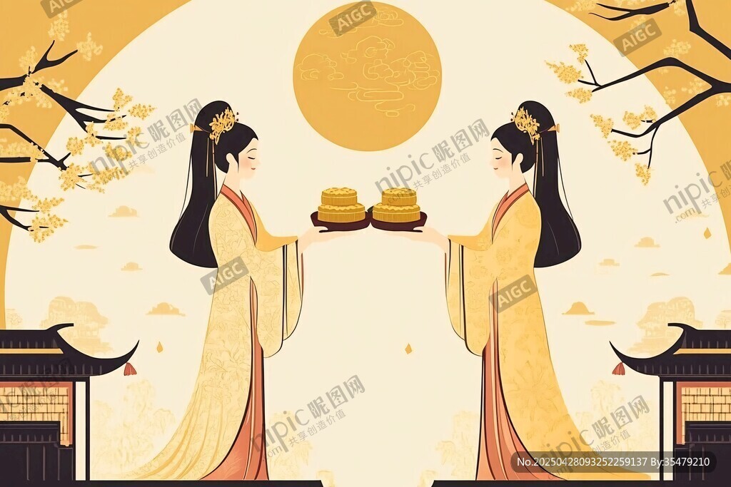 双姝中秋奉饼图