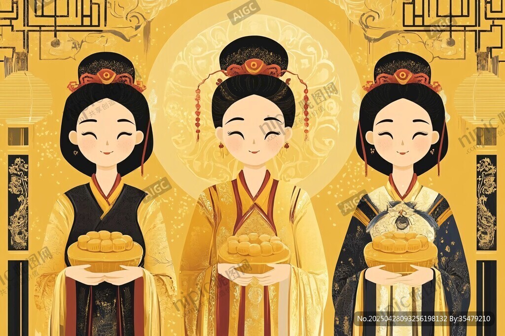 三位唐装女子端月饼图