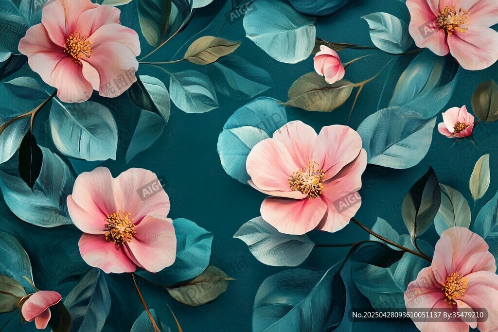 粉色山茶花绿叶背景图案