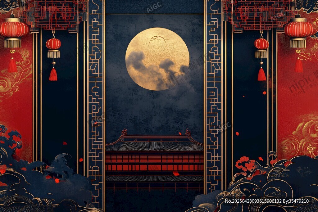 月夜下的中式古典庭院景致