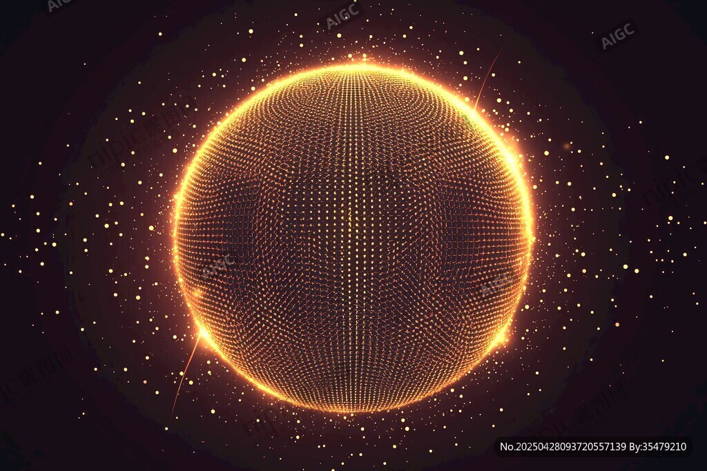 金色粒子环绕的科幻球体