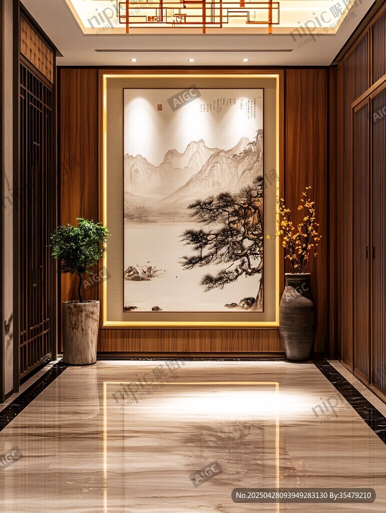 中式走廊的山水艺术景致