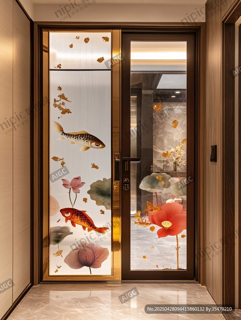 中式入户门 灵动锦鲤装饰