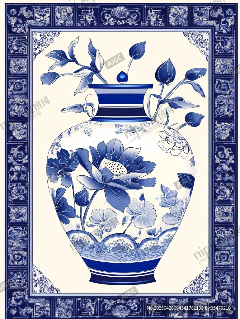 青花瓷瓶花卉图案装饰画