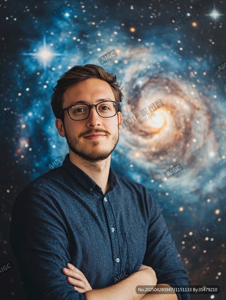 男子立于璀璨星系背景前