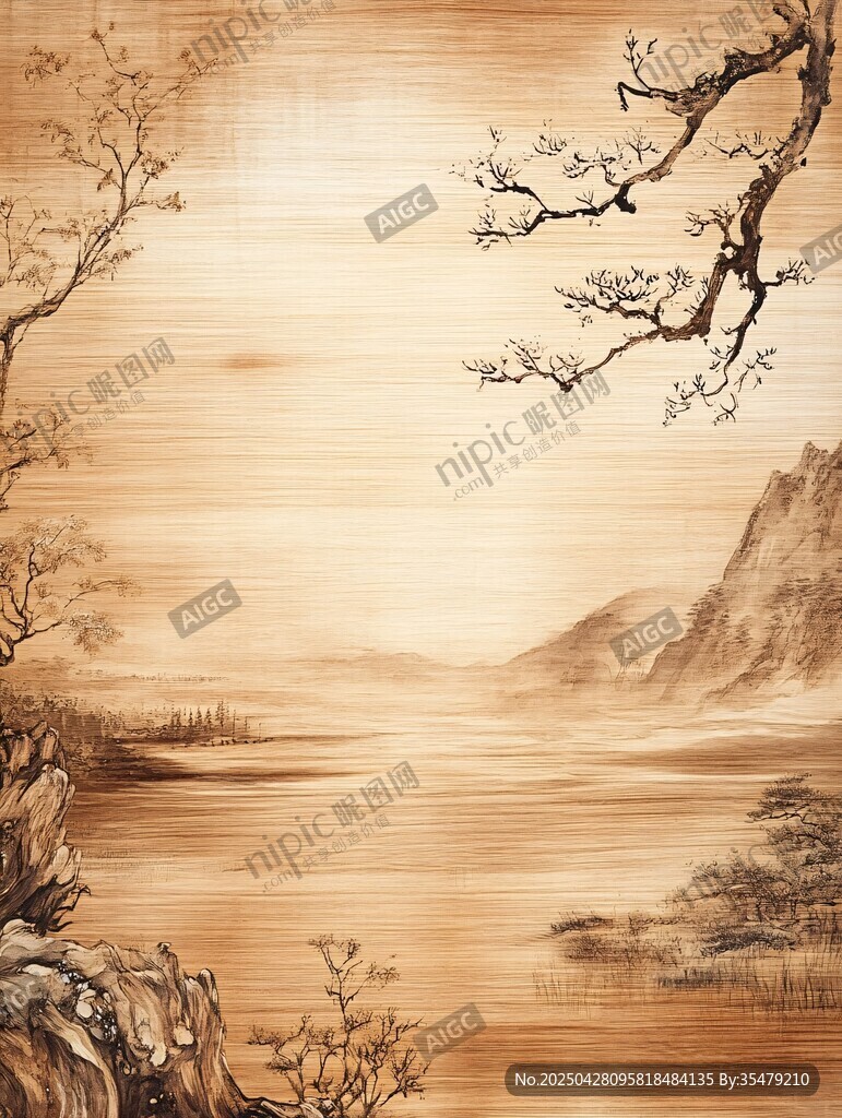 中式山水木纹意境画作