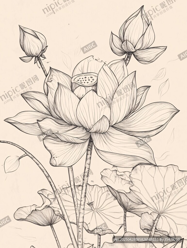 手绘荷花线稿插画作品