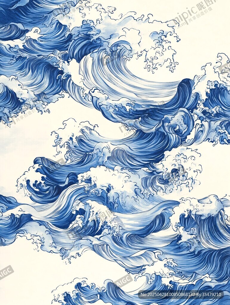 蓝白海浪艺术图案