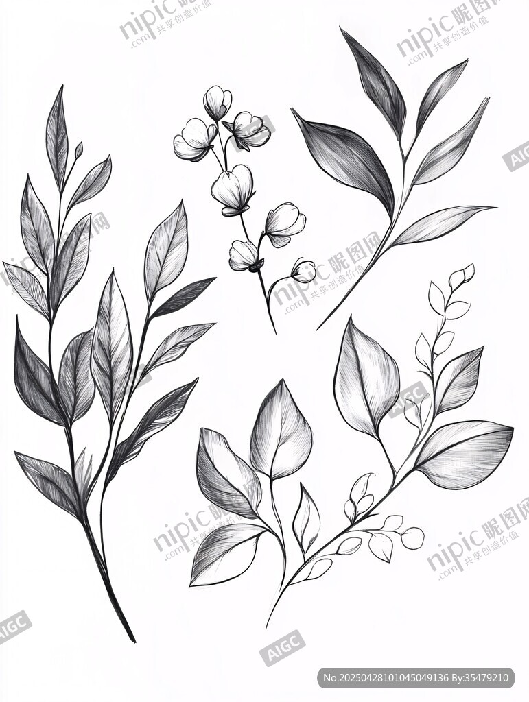 黑白手绘植物枝叶插画