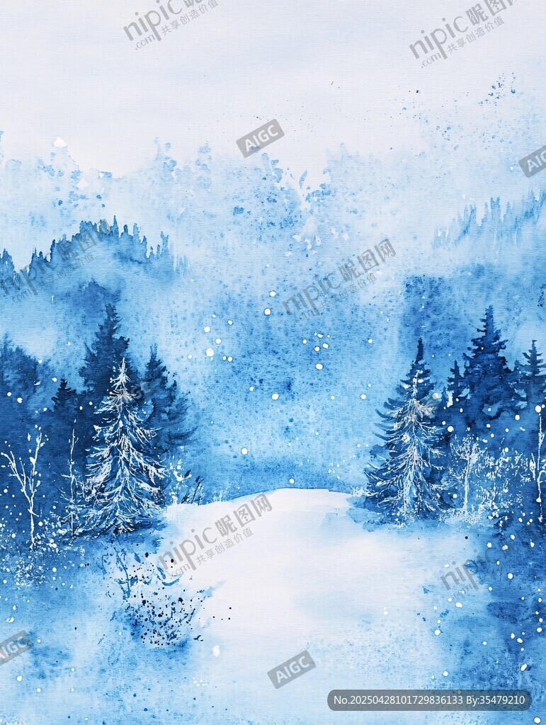 冬日雪林水彩梦幻风景