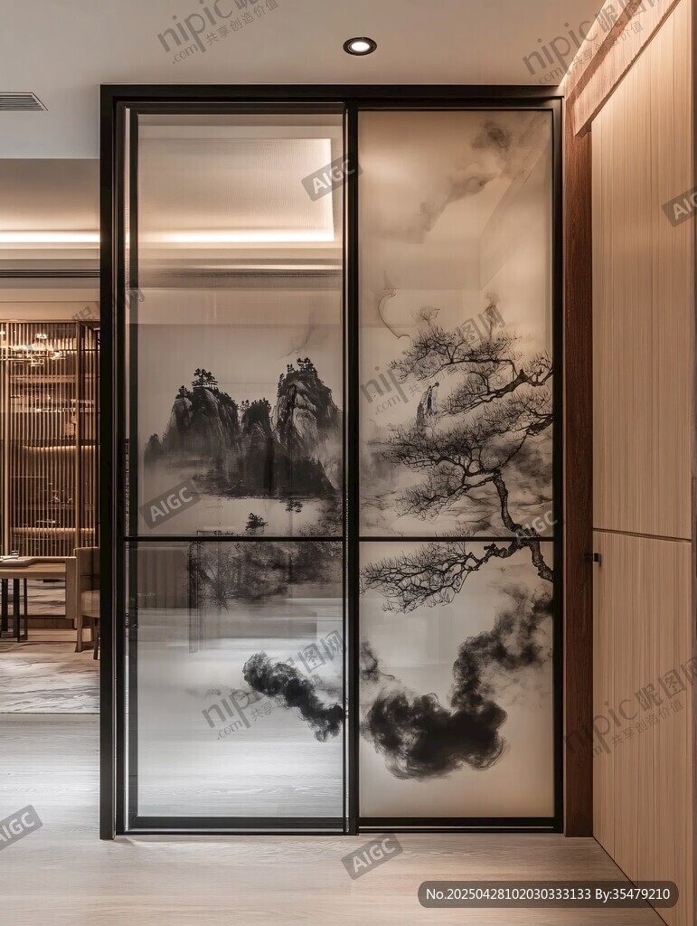 中式水墨风玻璃推拉门