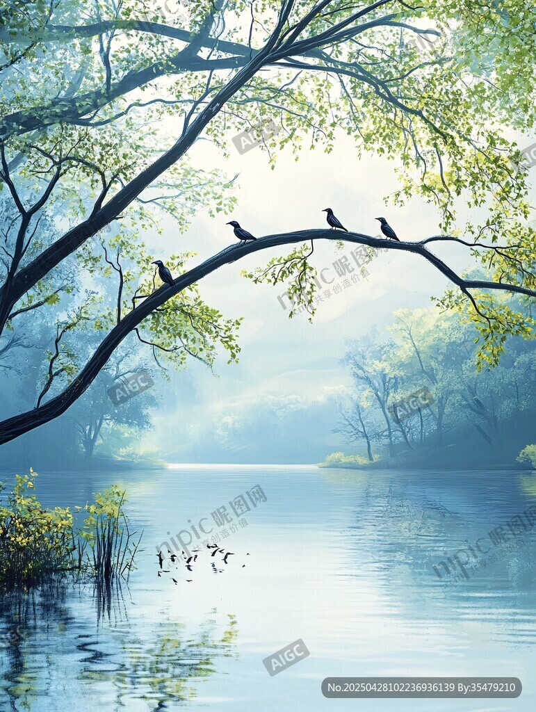 湖畔栖鸟 晨林静谧之景