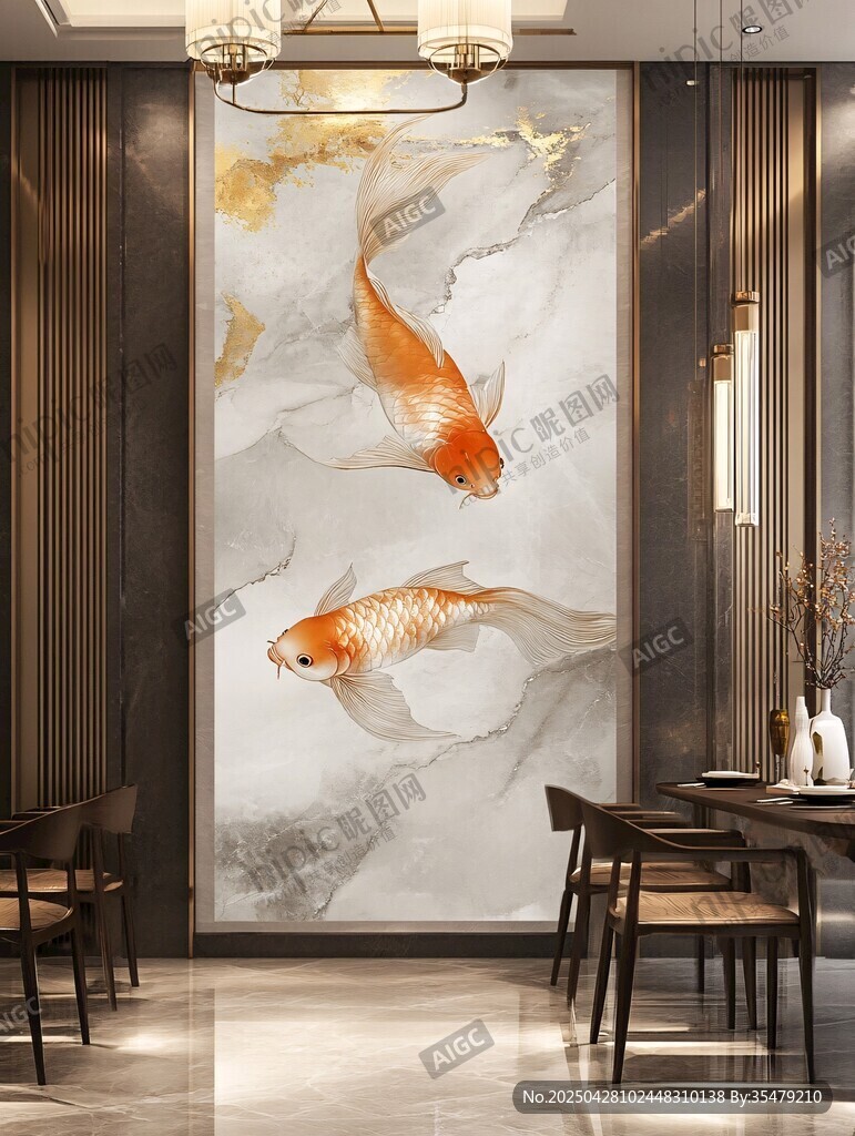 中式客厅的金鱼艺术壁画