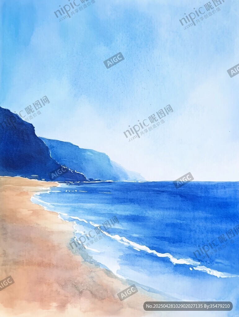 水彩绘就的美丽海岸风光