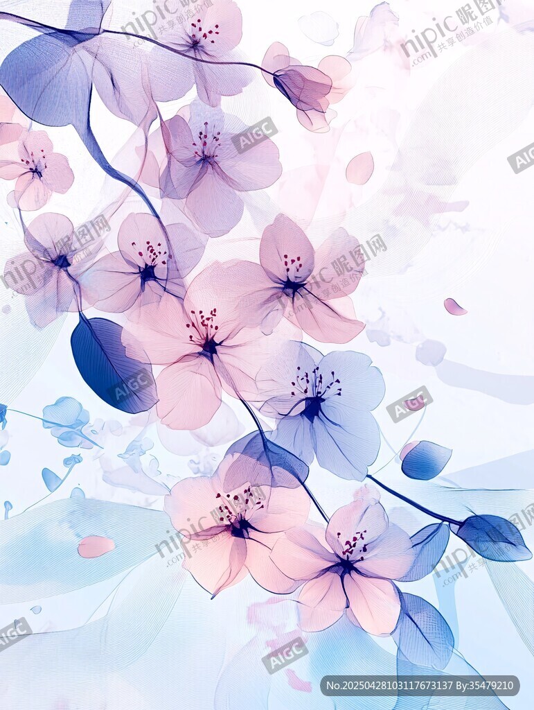 梦幻淡粉蓝调花朵插画