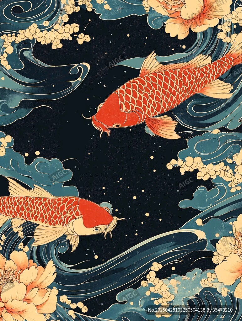 锦鲤戏浪间 繁花伴祥瑞