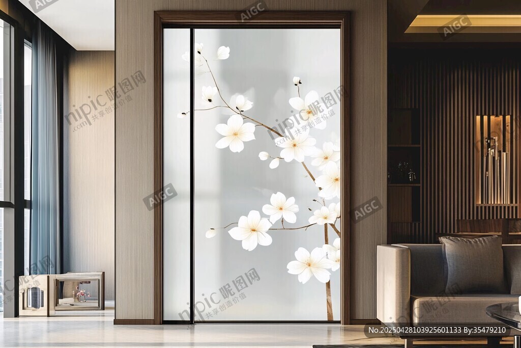 中式客厅玻璃隔断梅花装饰