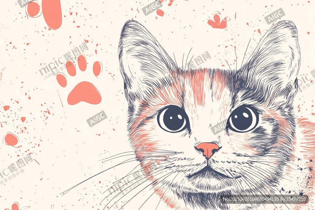 可爱猫咪插画与爪印元素