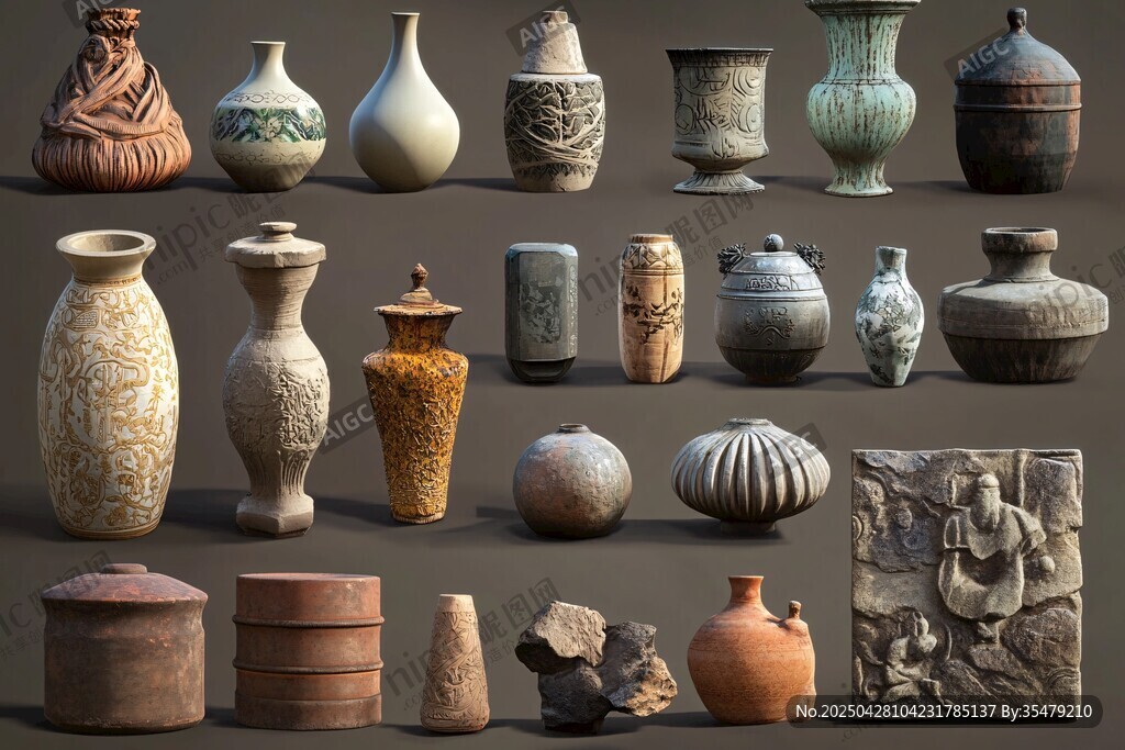 多样古代陶器与石雕展示