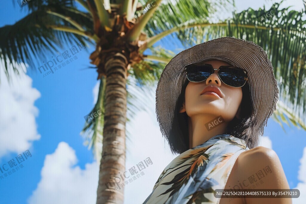 阳光下的椰树旁时尚女士
