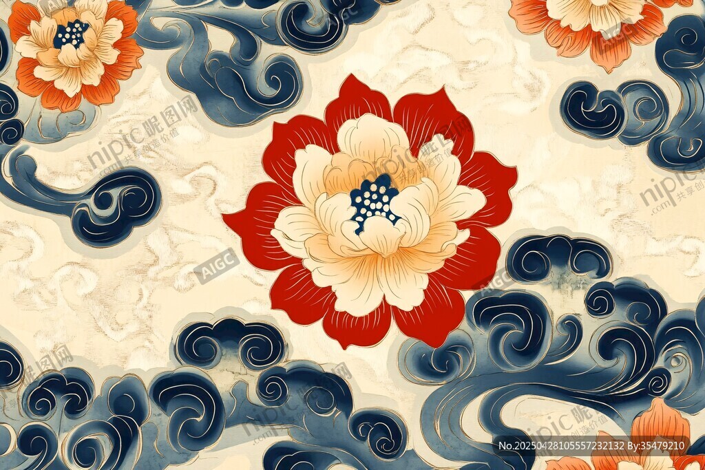 中式牡丹云纹古典图案