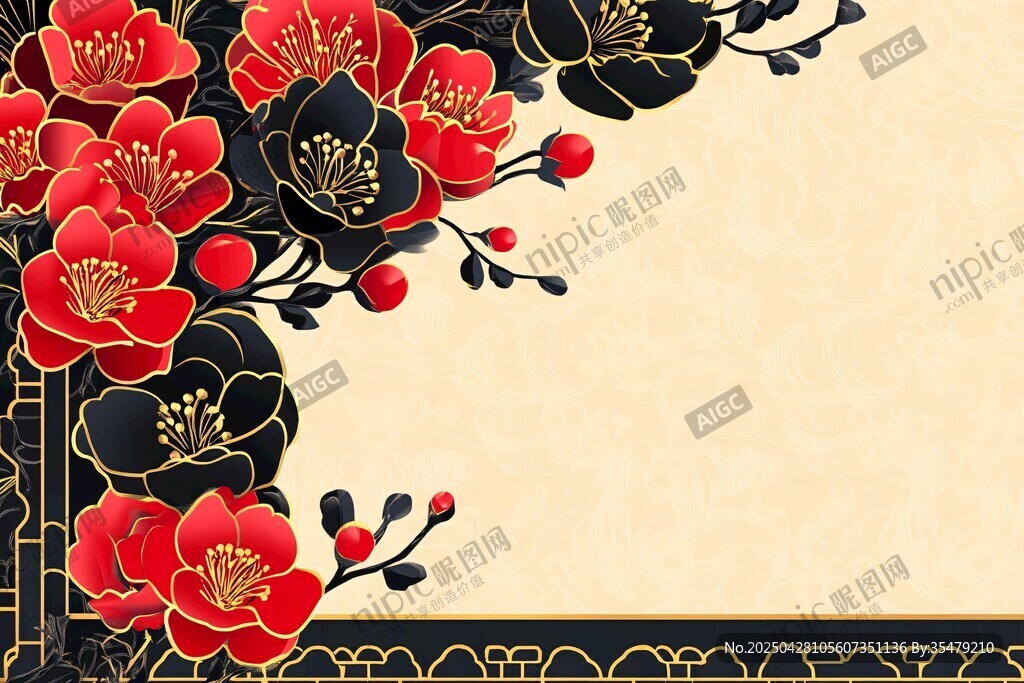 中式红黑花卉典雅装饰图
