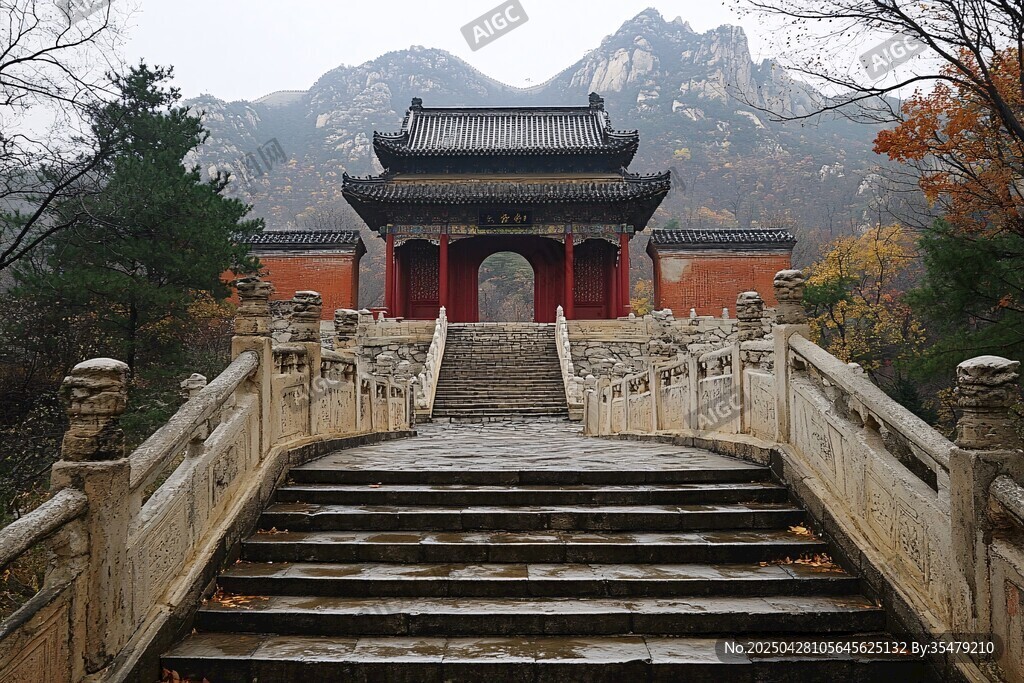 古建石桥映远山秋景