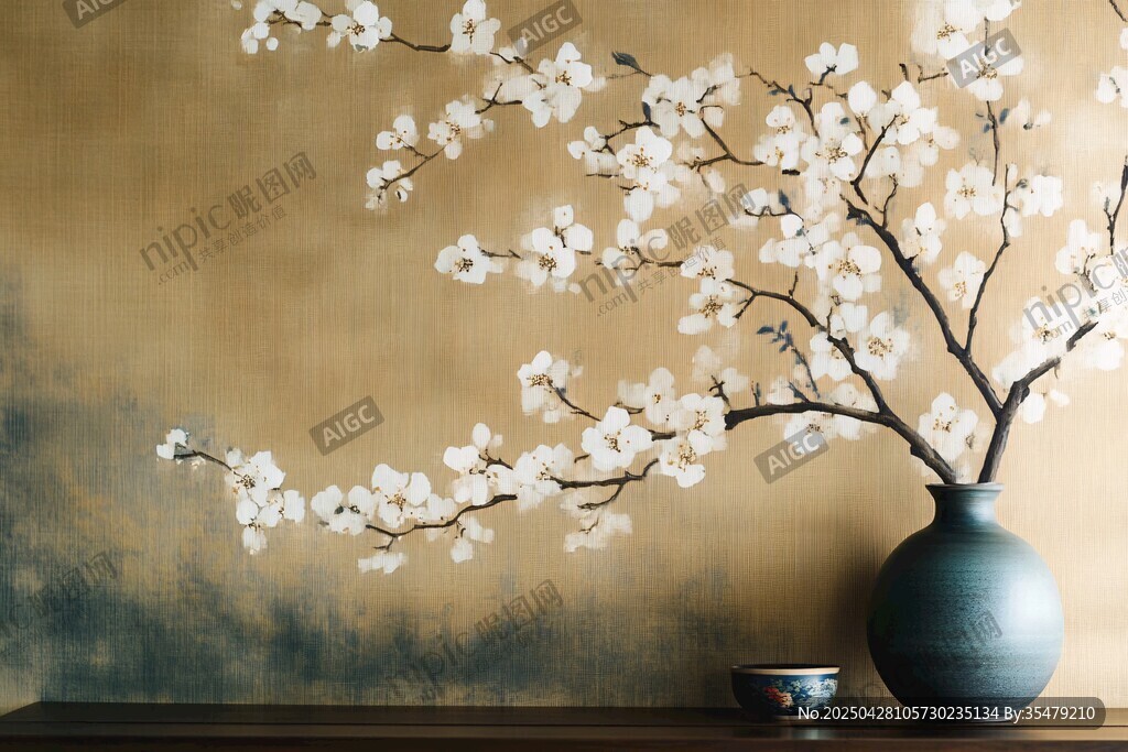 中式花瓶中的素雅花枝