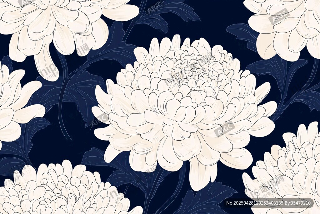 蓝底白菊优雅花卉图案