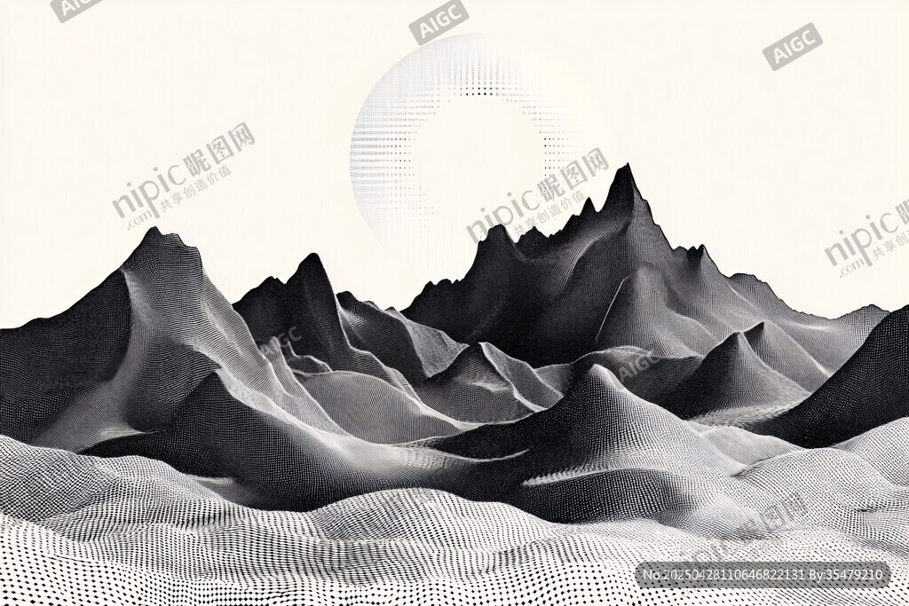 黑白山峦间的静谧圆月