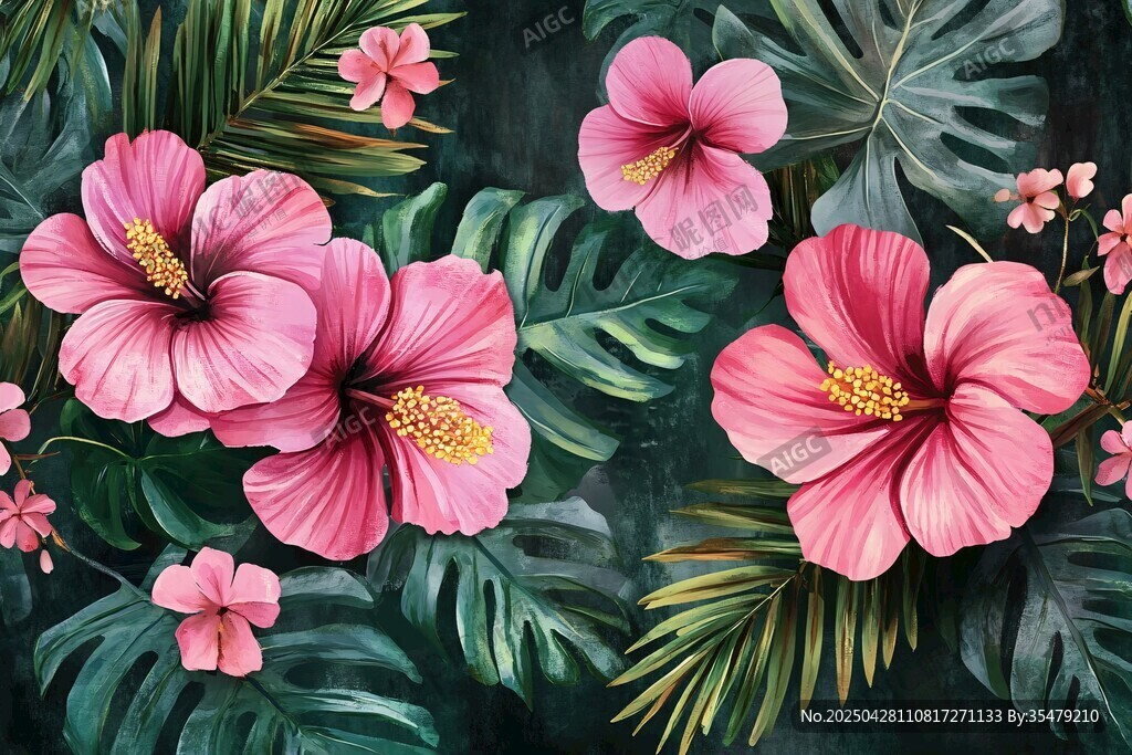 粉色扶桑与热带绿叶插画