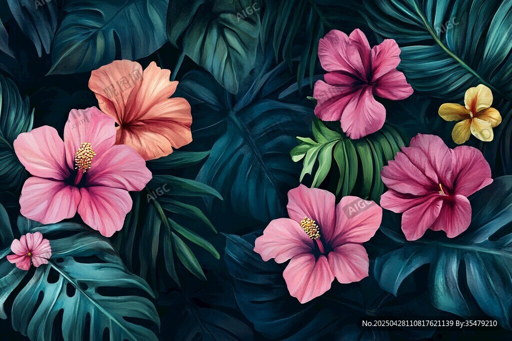 热带花卉与绿叶的梦幻组合