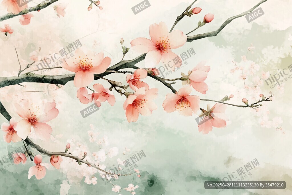 水墨粉樱图