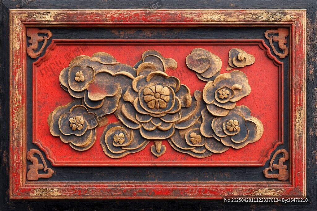 中式红底木雕花卉装饰
