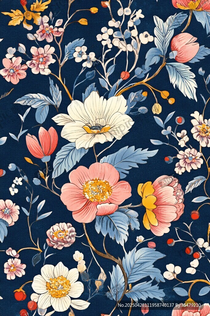 深蓝底繁花锦簇花卉图案