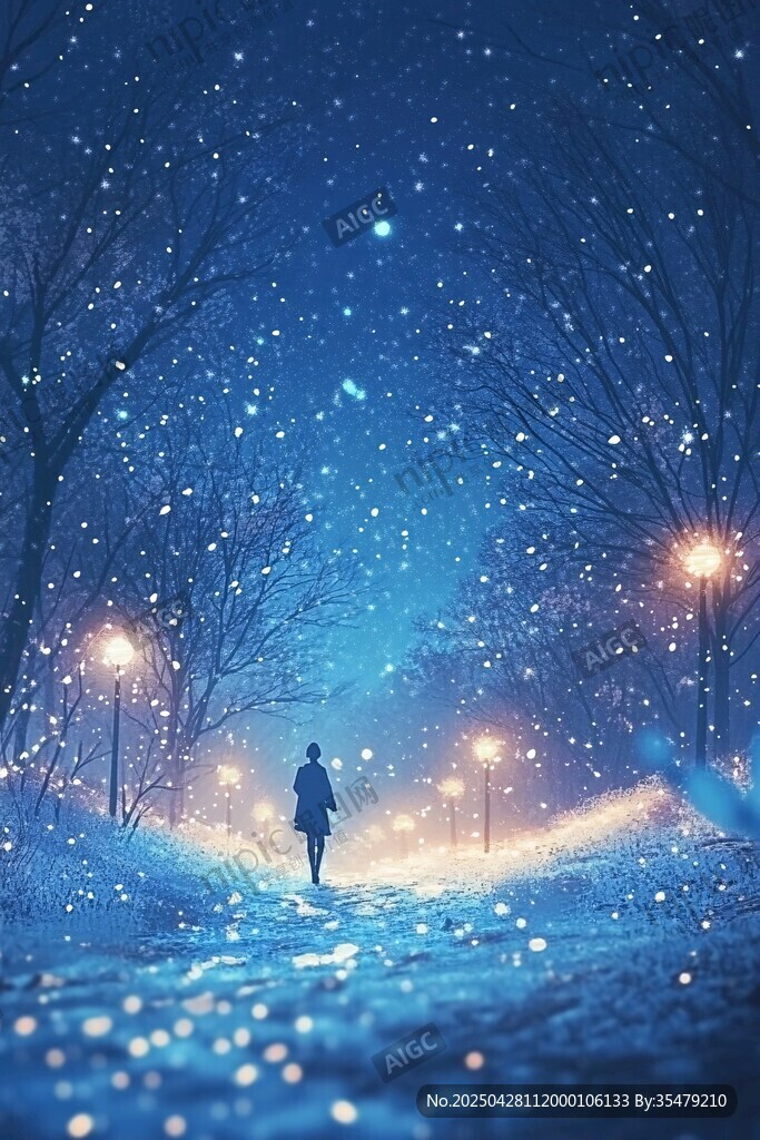 漫步雪夜星空下的孤独身影