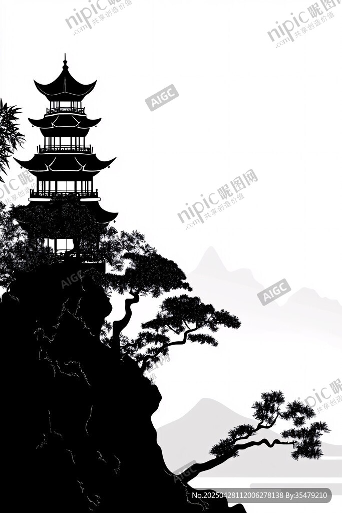 悬崖古塔剪影
