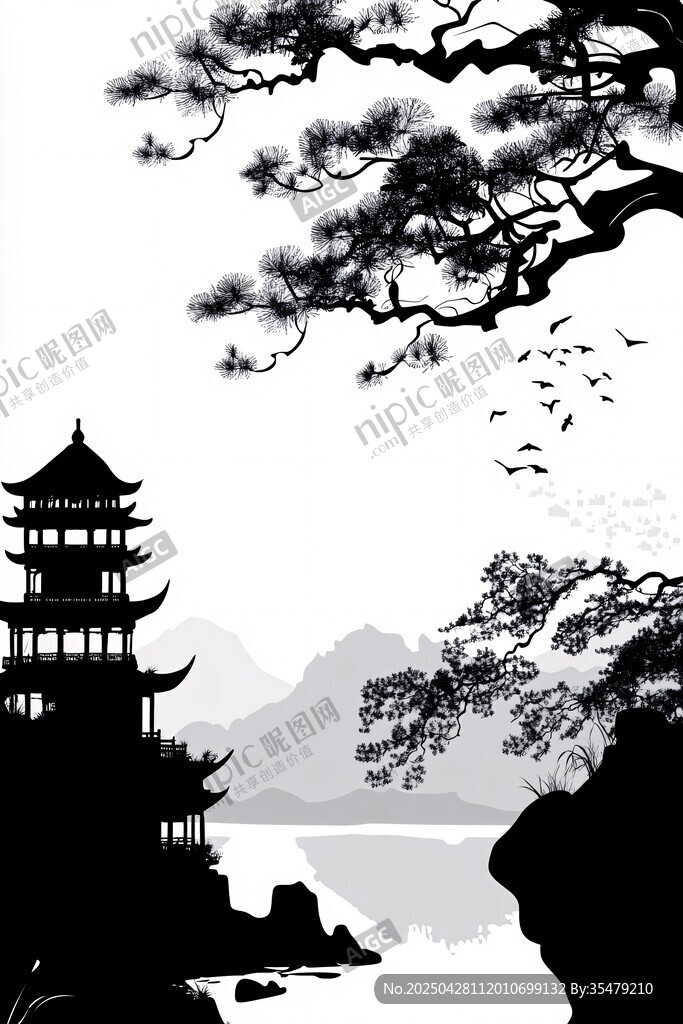 水墨山水间的古塔苍松