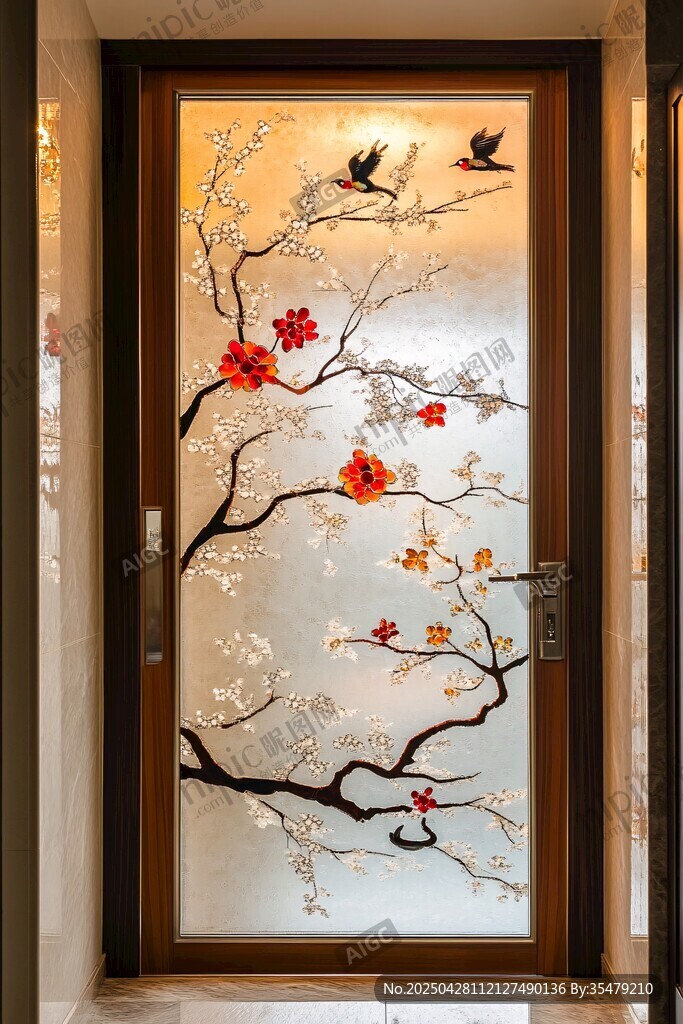 中式花鸟玻璃入户门