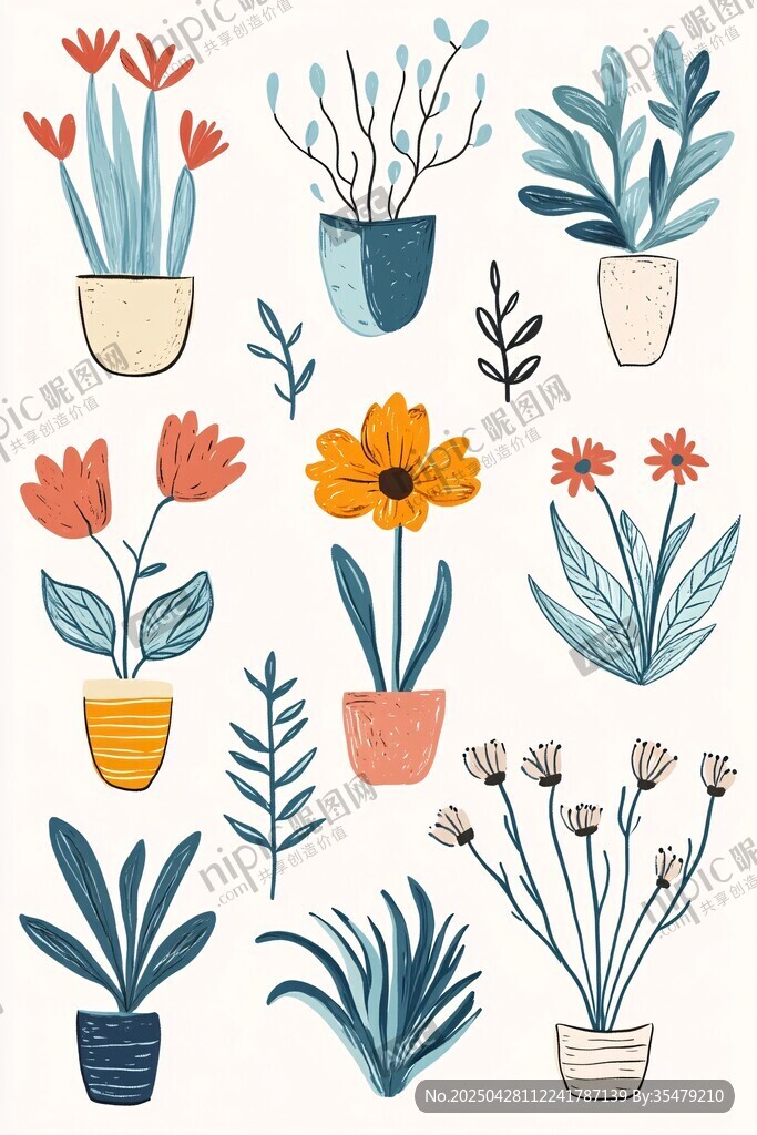 手绘盆栽花卉插画集合
