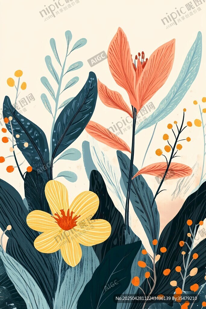 手绘清新花卉植物插画