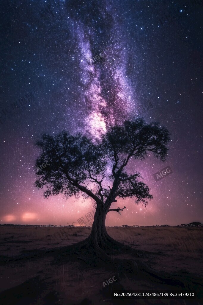 星空下的孤树梦幻景象
