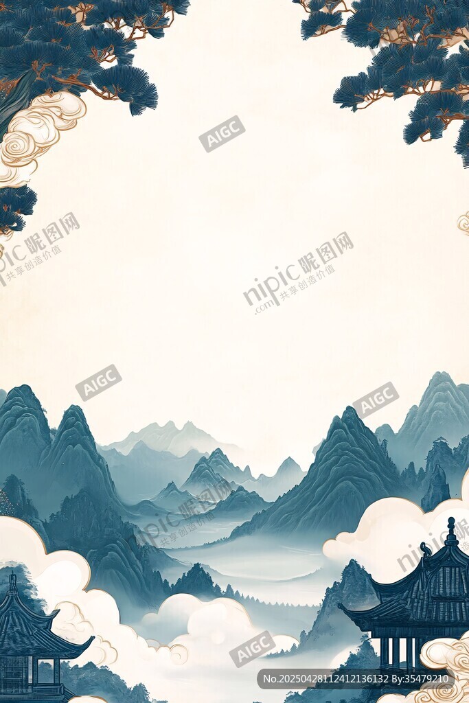 水墨山水古风亭阁美景