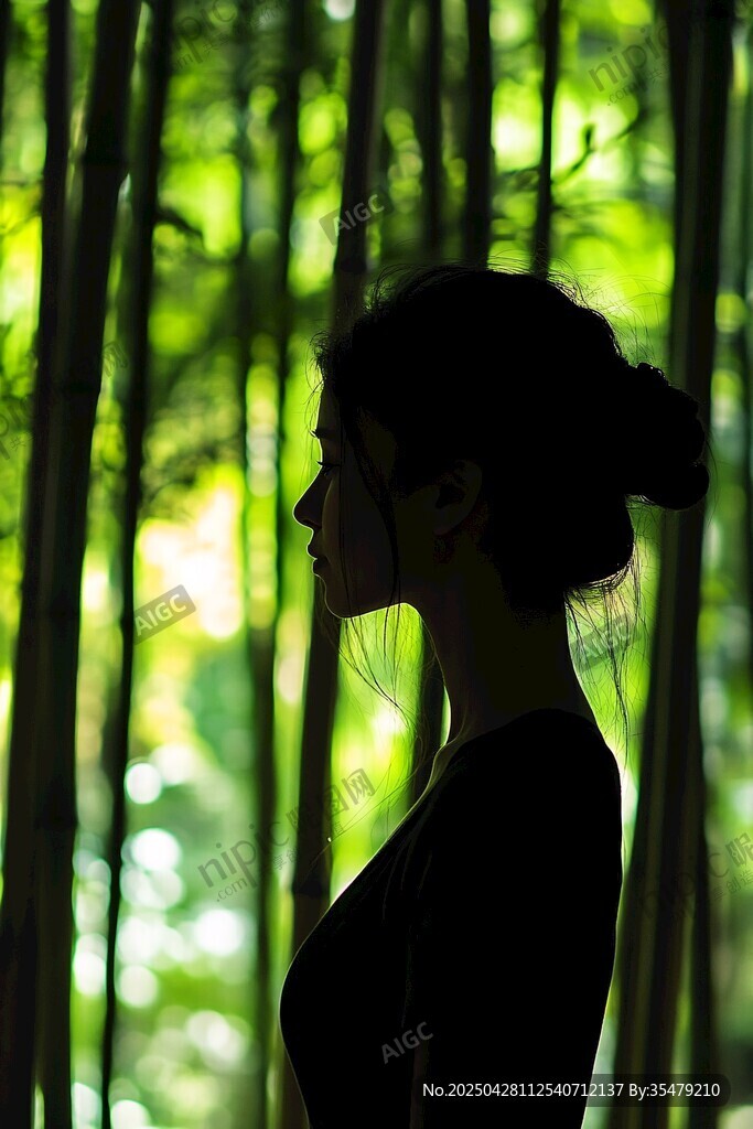 竹林中女子的优雅剪影