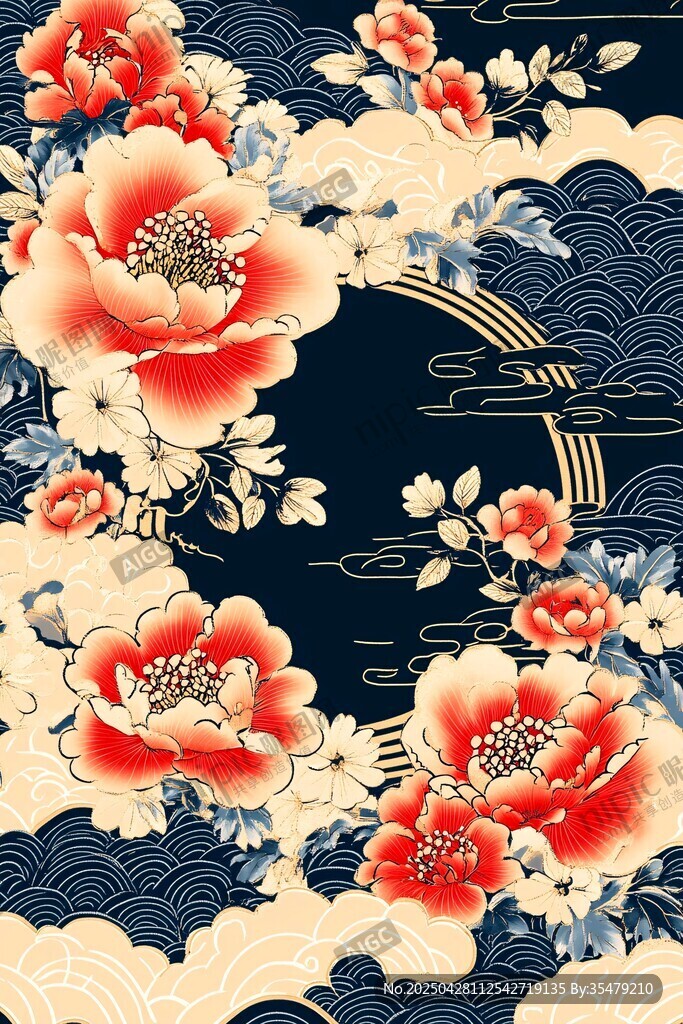 中式牡丹海浪复古花纹图案